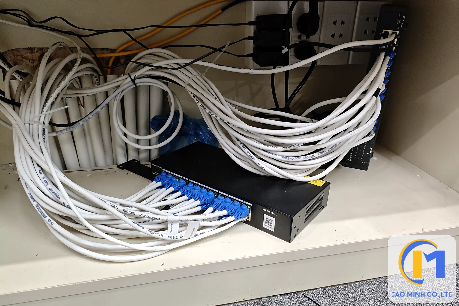 Tủ mạng văn phòng với switch Ruijie RG-ES124G-L và cáp mạng Cat6 đã bấm đầu